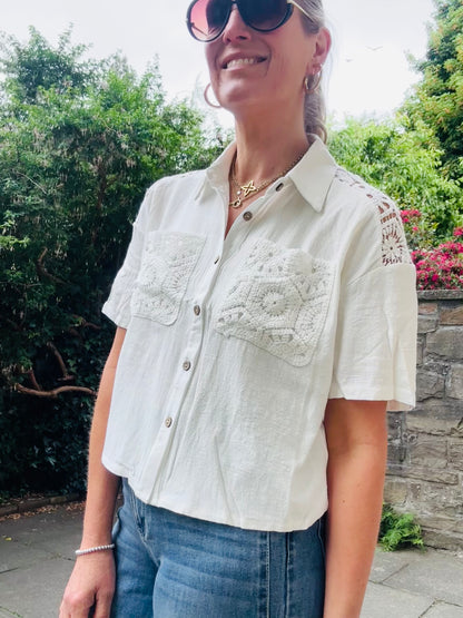Linen Mix White Shirt with Crochet Detail