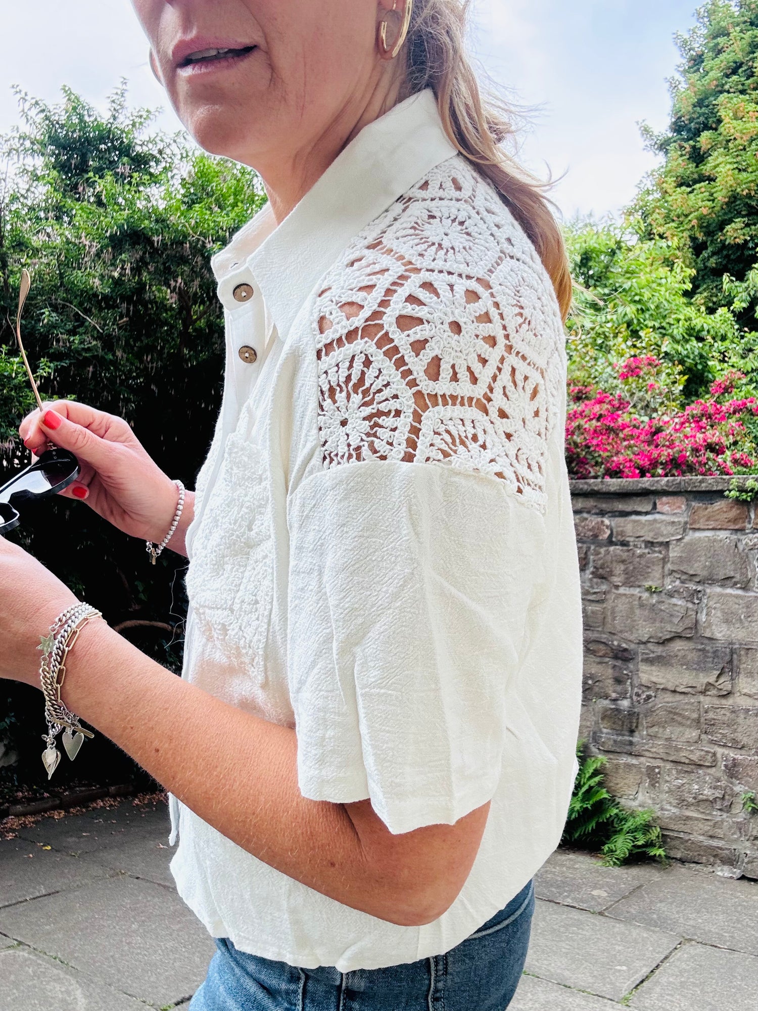 Linen Mix White Shirt with Crochet Detail