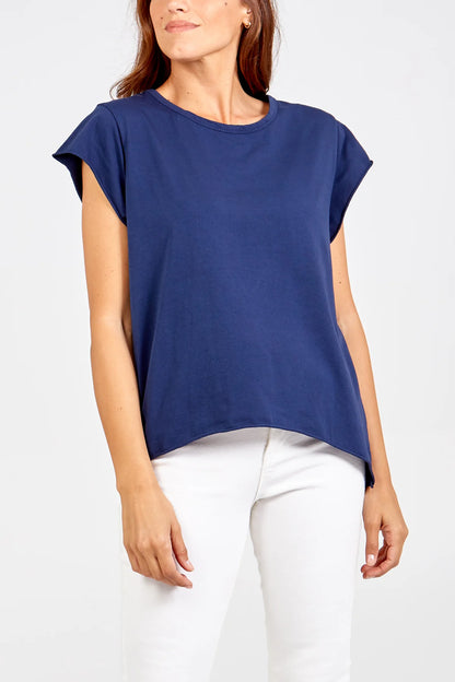 Cap Sleeve High Low Rolled Edge Tee in Blue