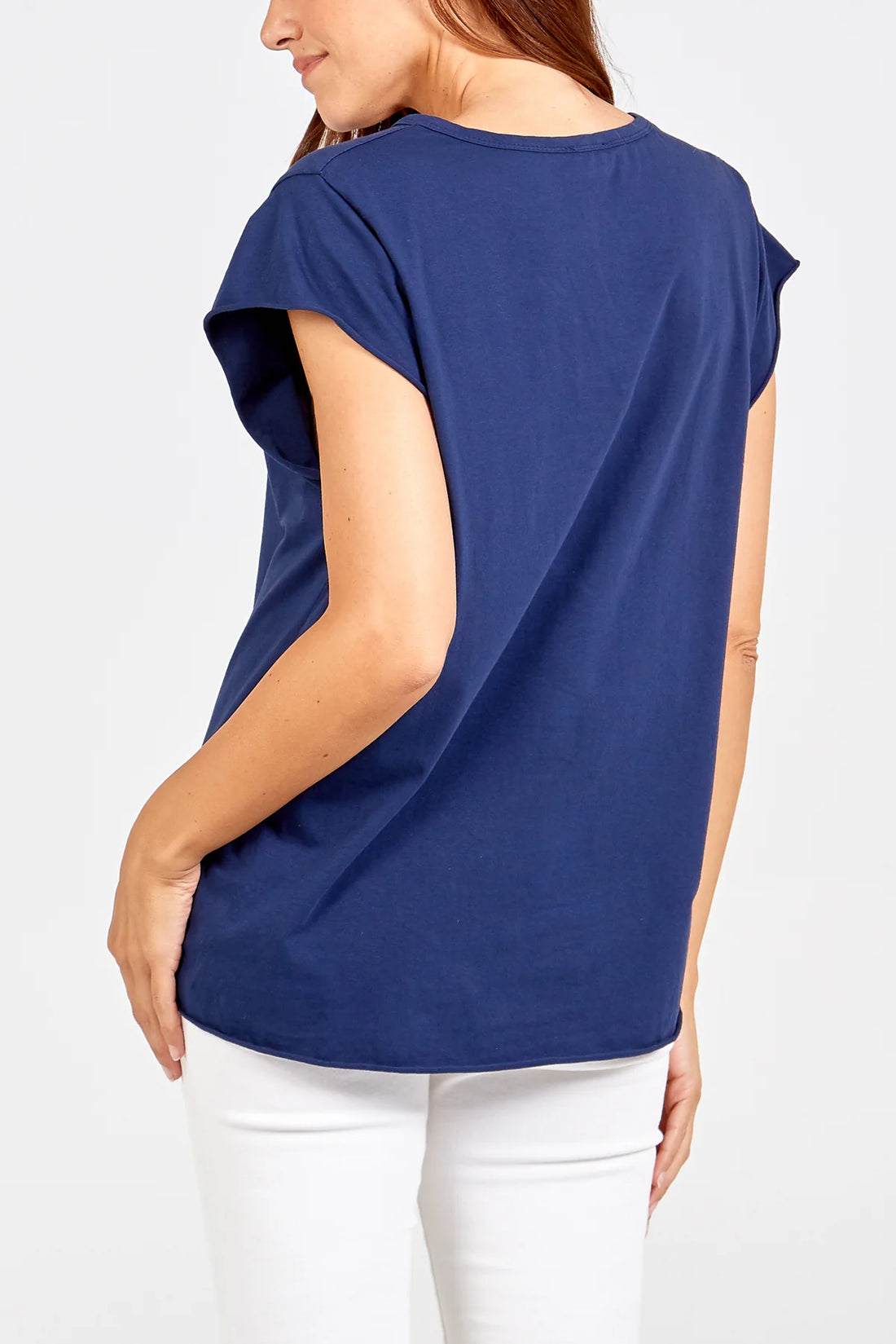 Cap Sleeve High Low Rolled Edge Tee in Blue