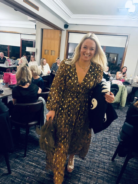 Metallic Animal Print Shirred Waist Maxi Dress