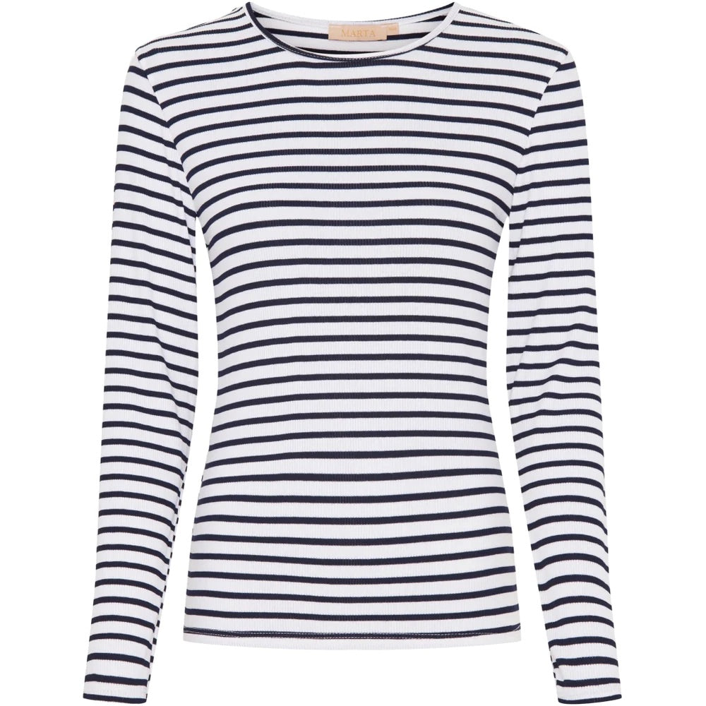 Long Sleeved Ribbed Striped Top in White and Navy