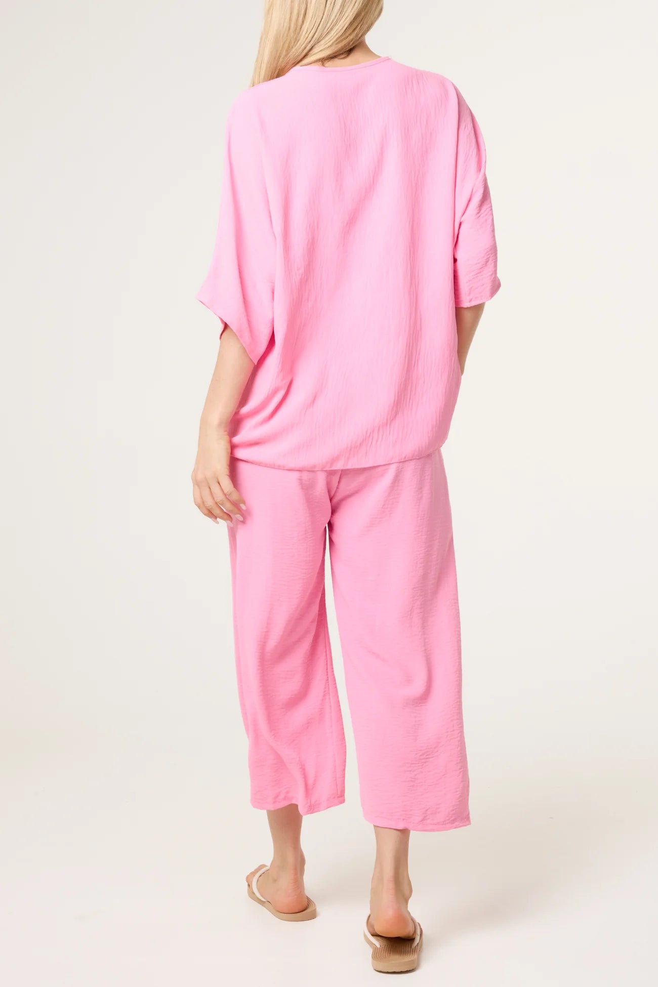 V-Neck Front Knot Top &amp; Trousers Set in Pink