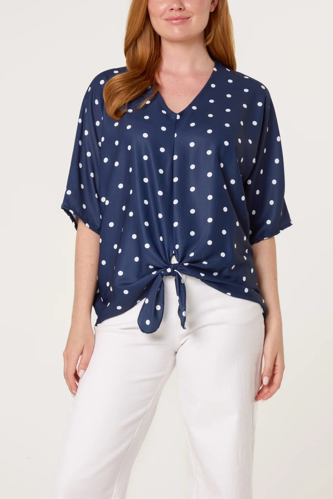 Polka Dot Knot Front Top Navy