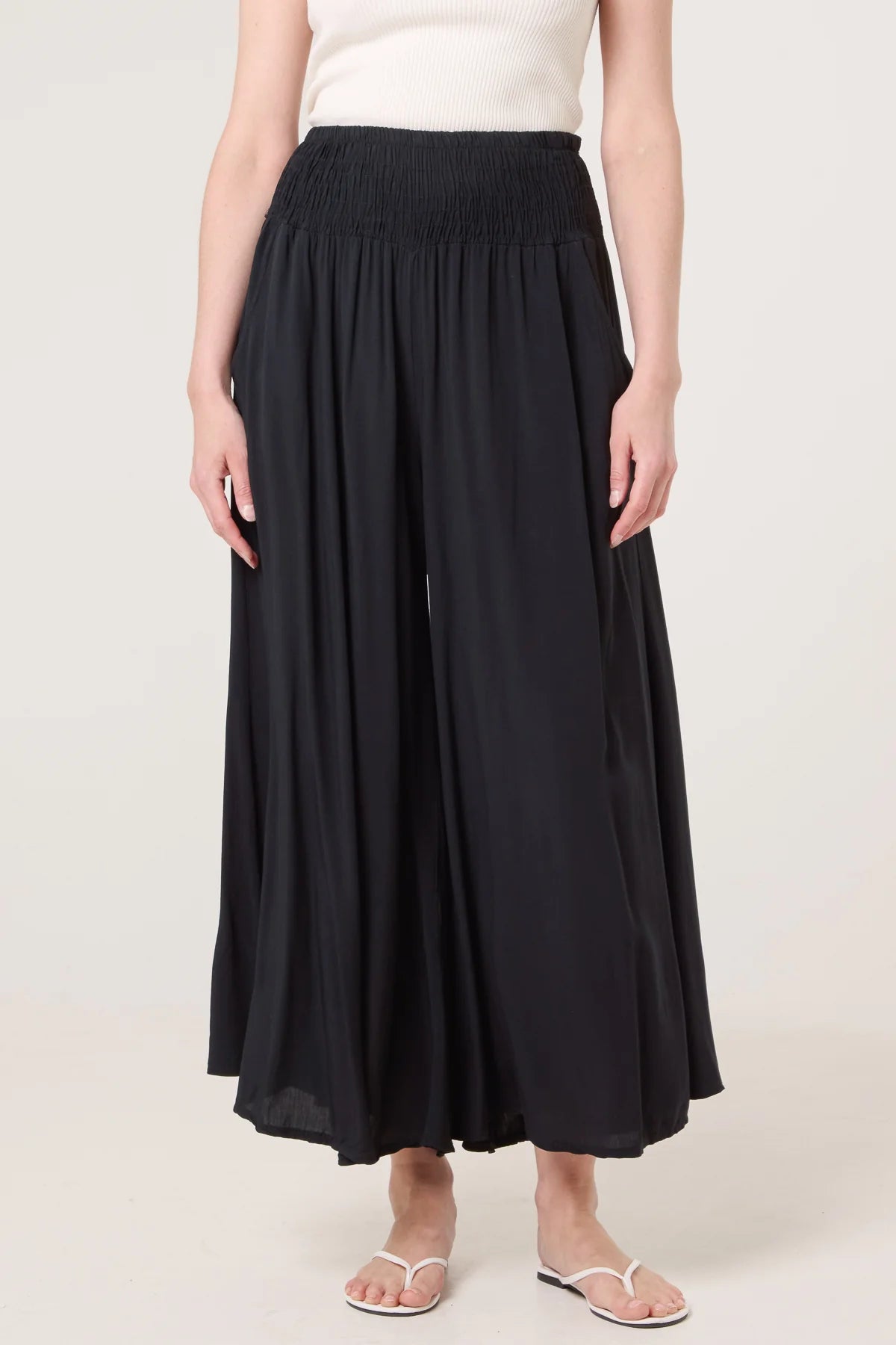 Soft Touch Shirred Waist Wide Leg Trousers Black