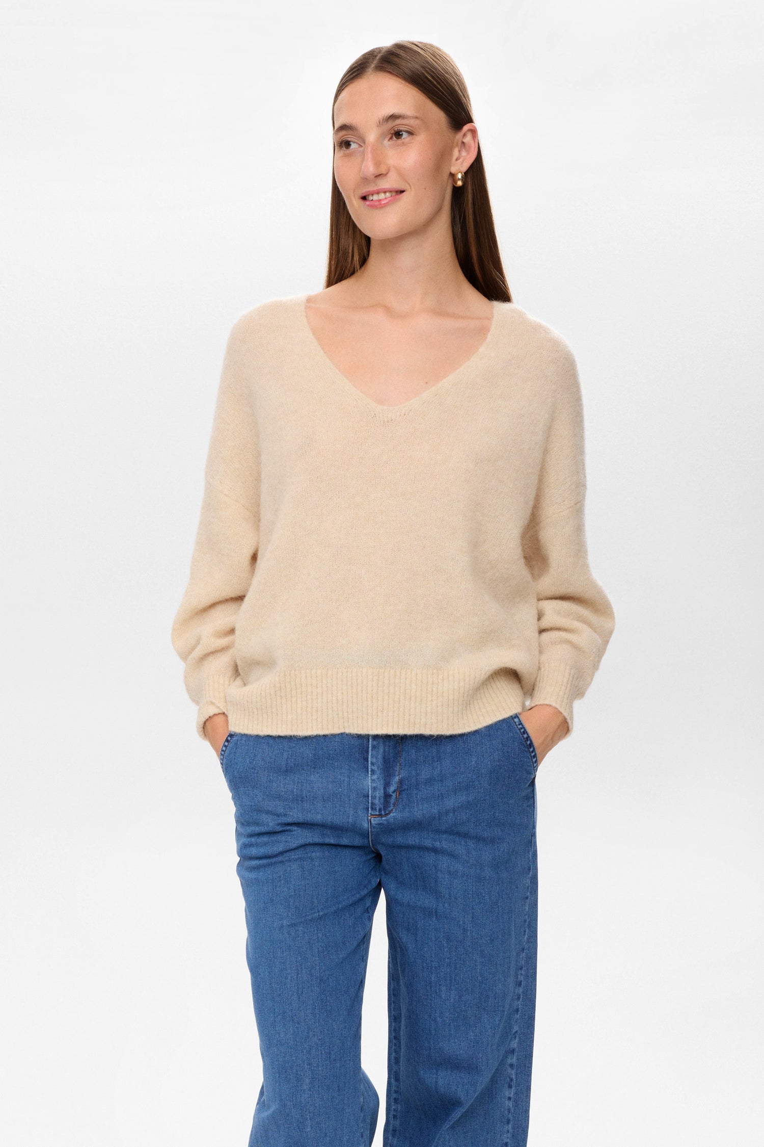 Numph Nuriette V-Neck Knit in Gray Morn