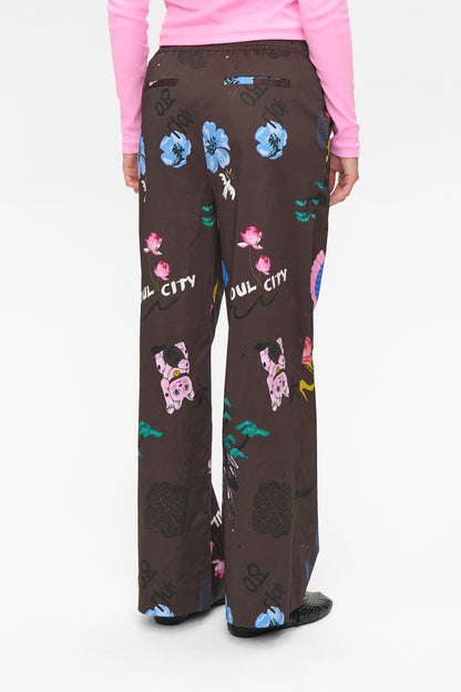 Numph Numarki Print Trouser in Black Coffee Brown