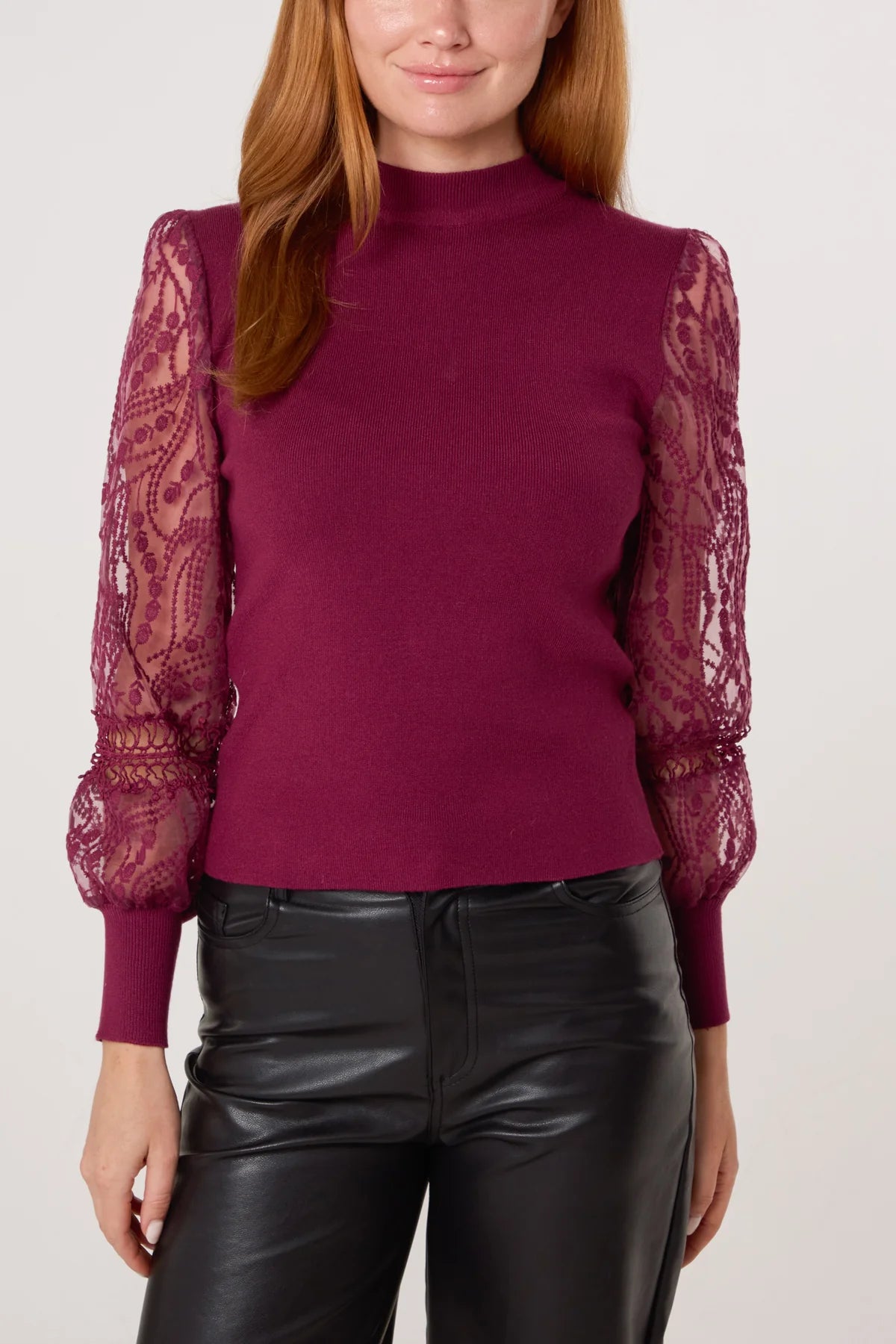 Marcia Mesh Sleeve Top in Berry
