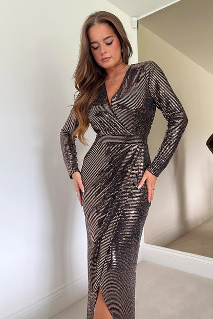 Libby Gold Long Sparkly Sleeved Wrap Dress