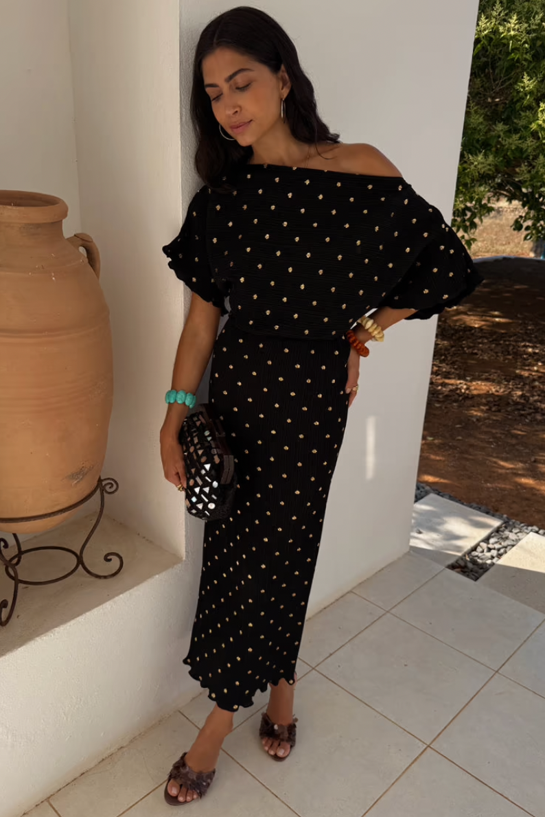 NFD Tilly Plisse Dress in Black with Gold Fleck