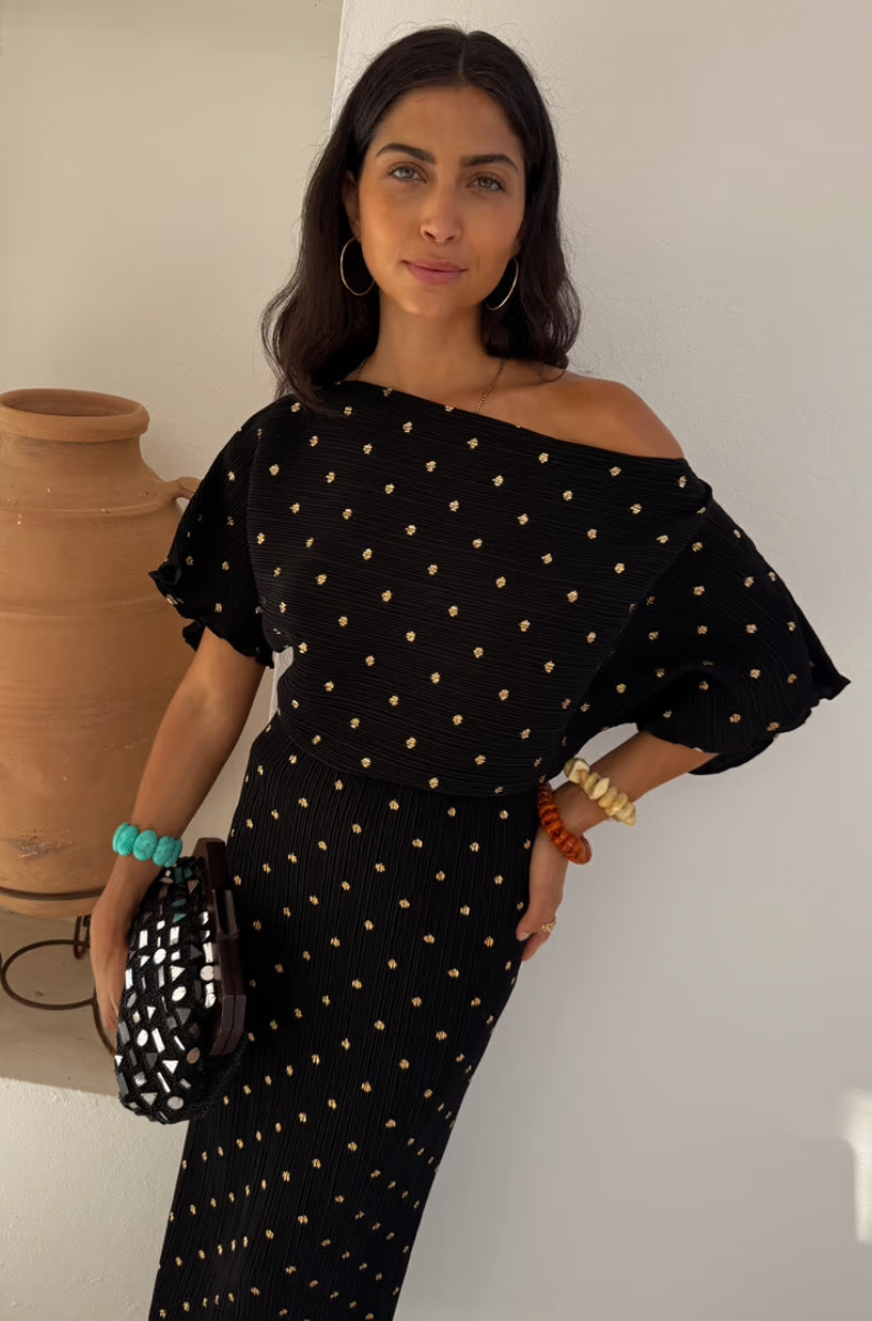 NFD Tilly Plisse Dress in Black with Gold Fleck