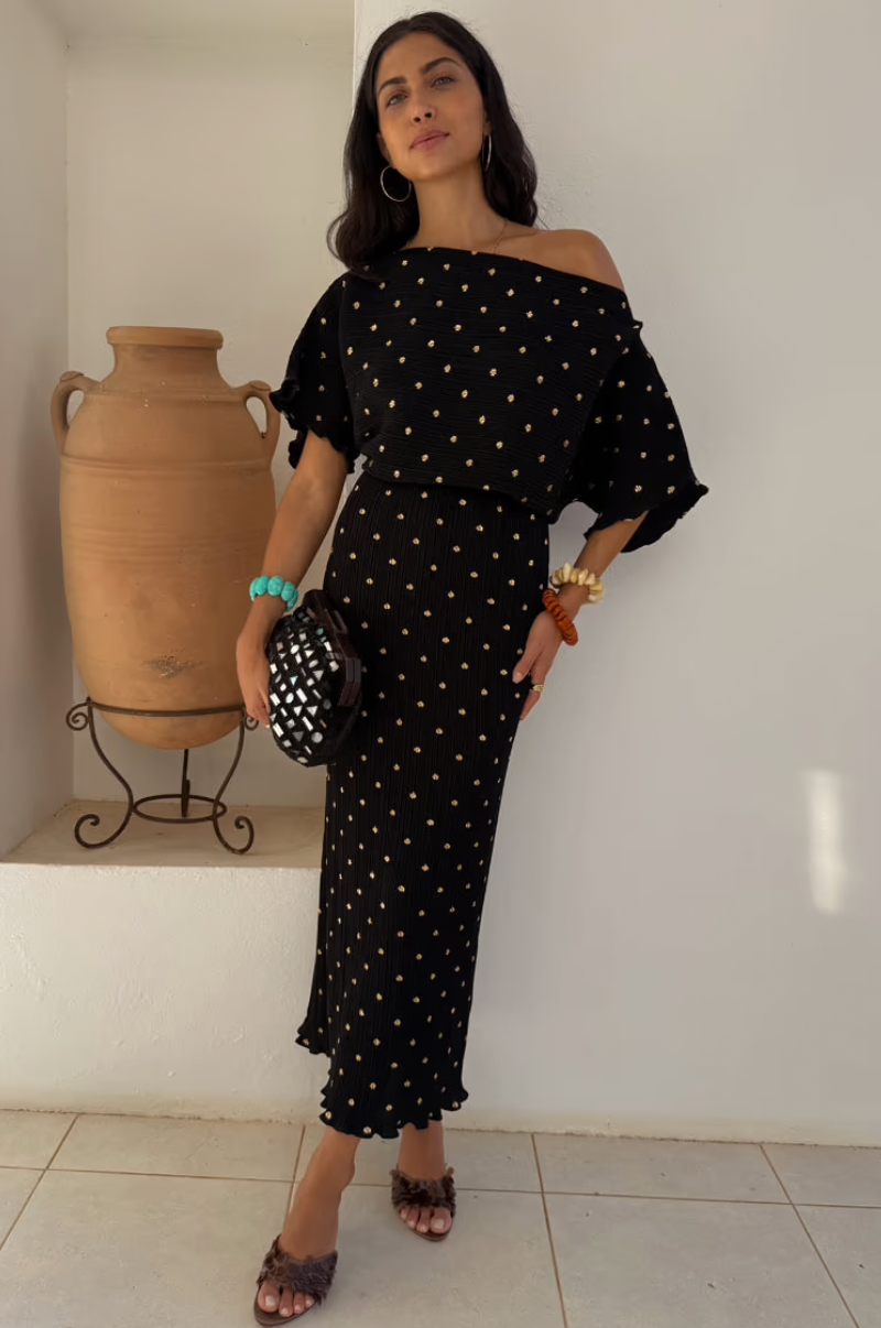 NFD Tilly Plisse Dress in Black with Gold Fleck