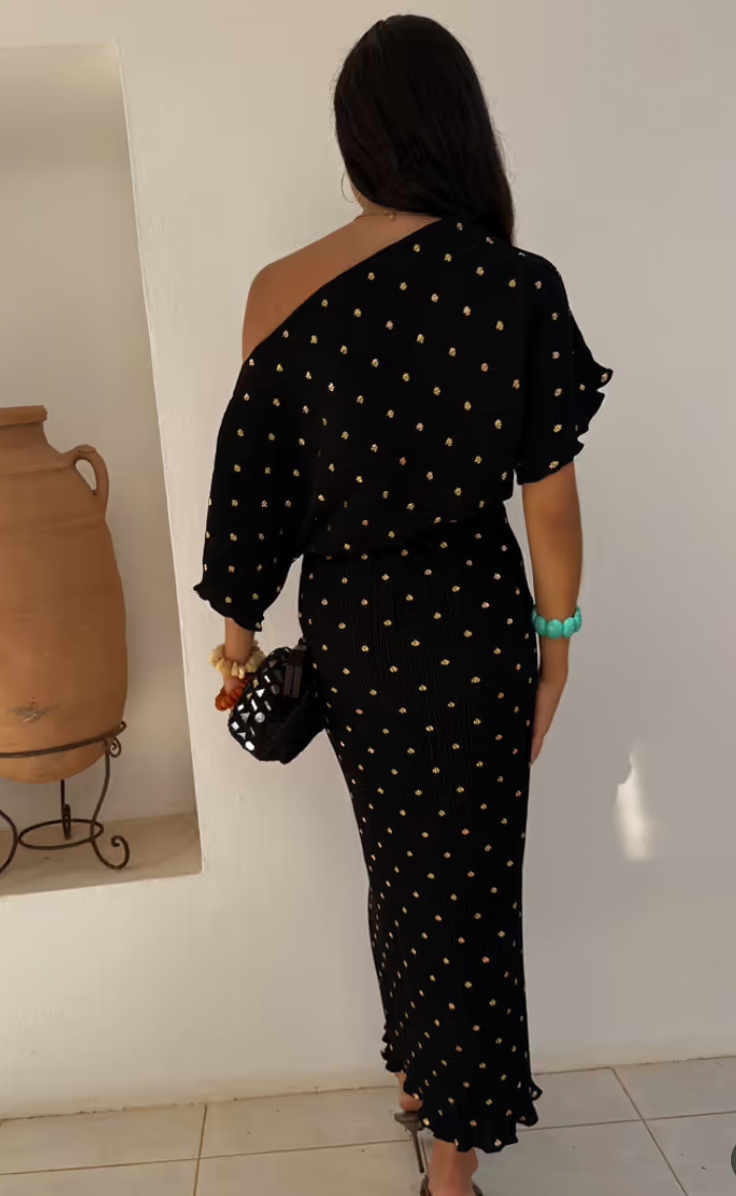 NFD Tilly Plisse Dress in Black with Gold Fleck