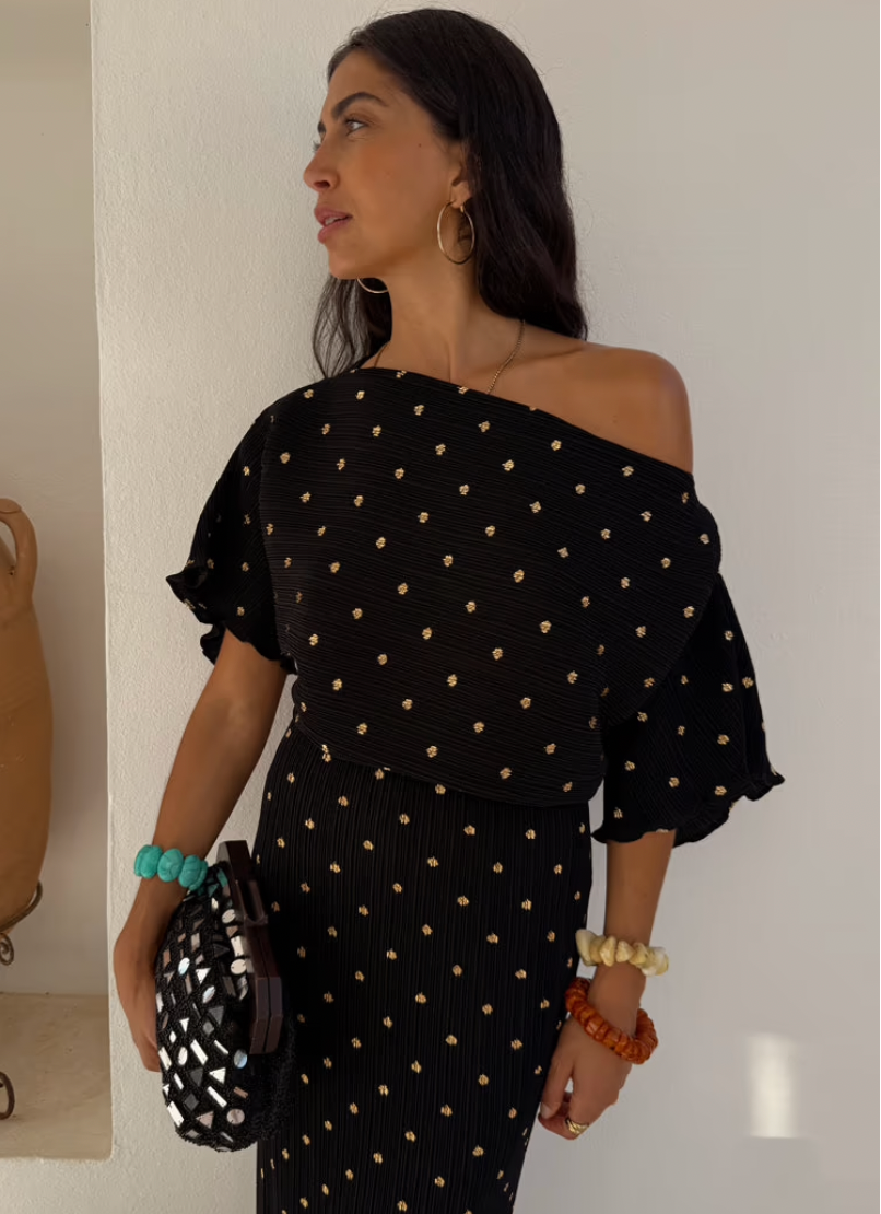 NFD Tilly Plisse Dress in Black with Gold Fleck