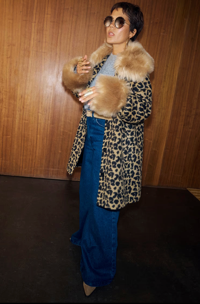 NFD Leopard Print Coat with Faux Fur Trim