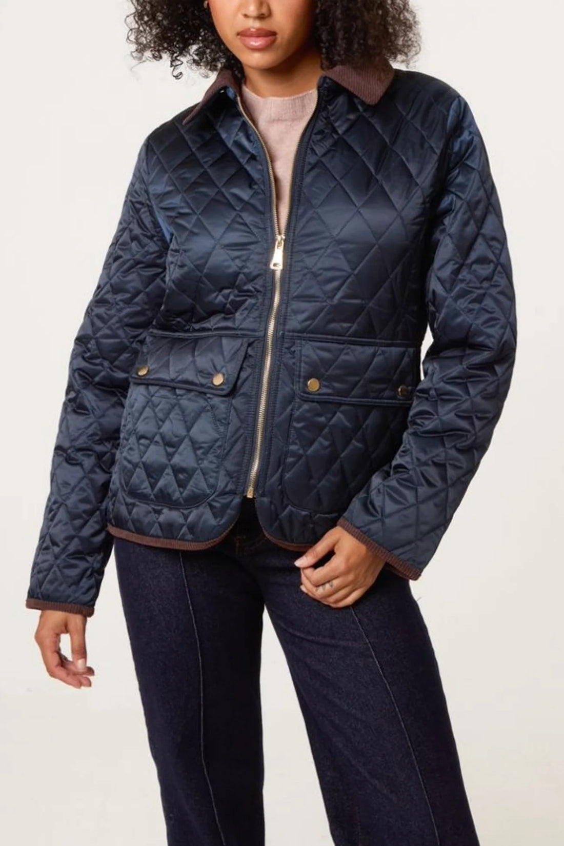 Diamond Quilted Contrast Coat in Navy