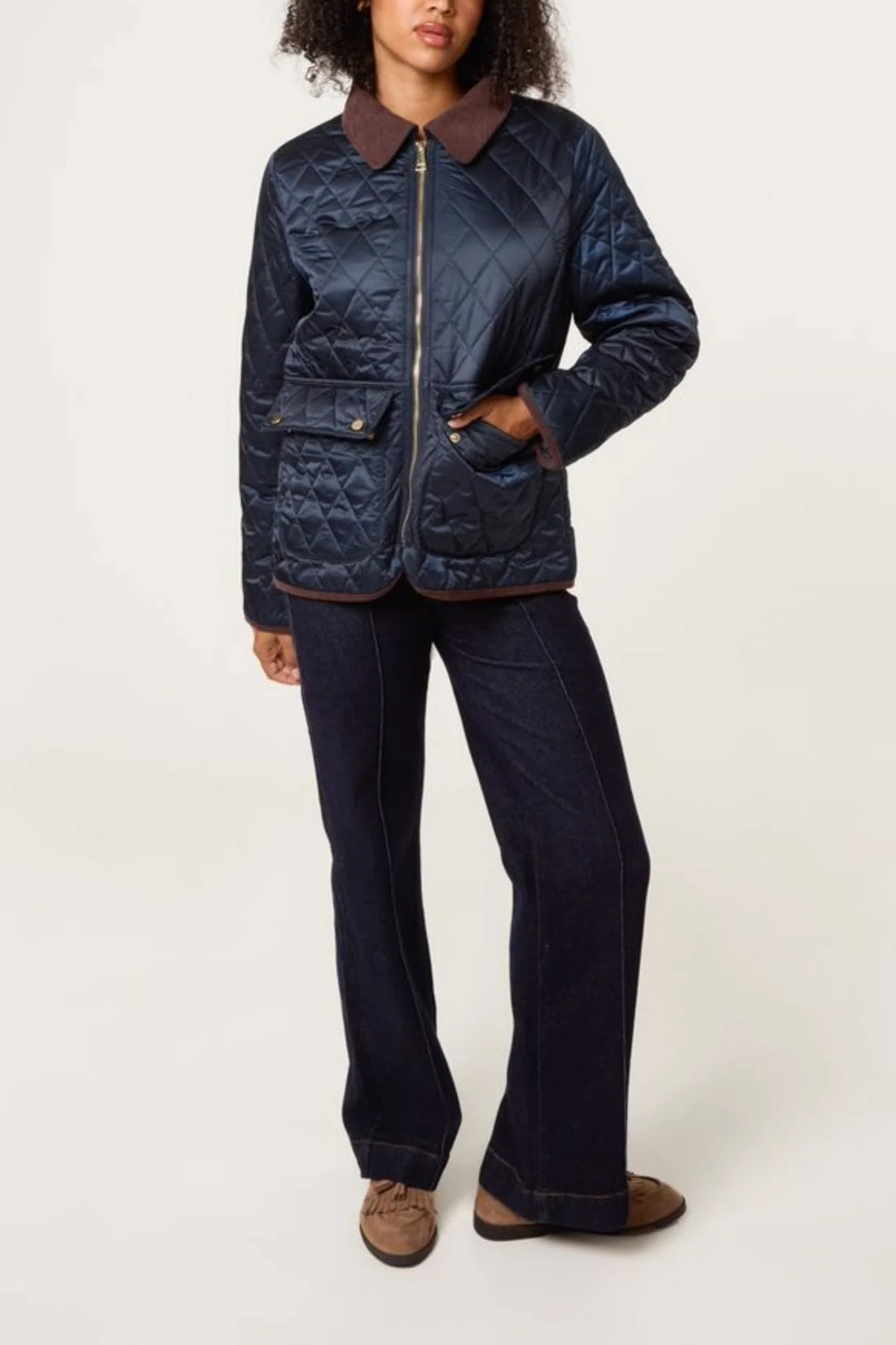 Diamond Quilted Contrast Coat in Navy