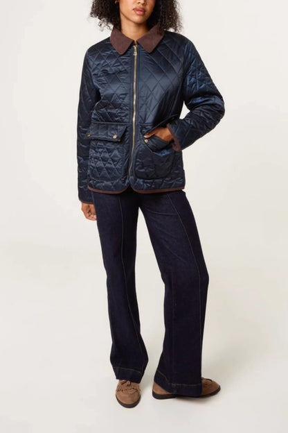 Diamond Quilted Contrast Coat in Navy