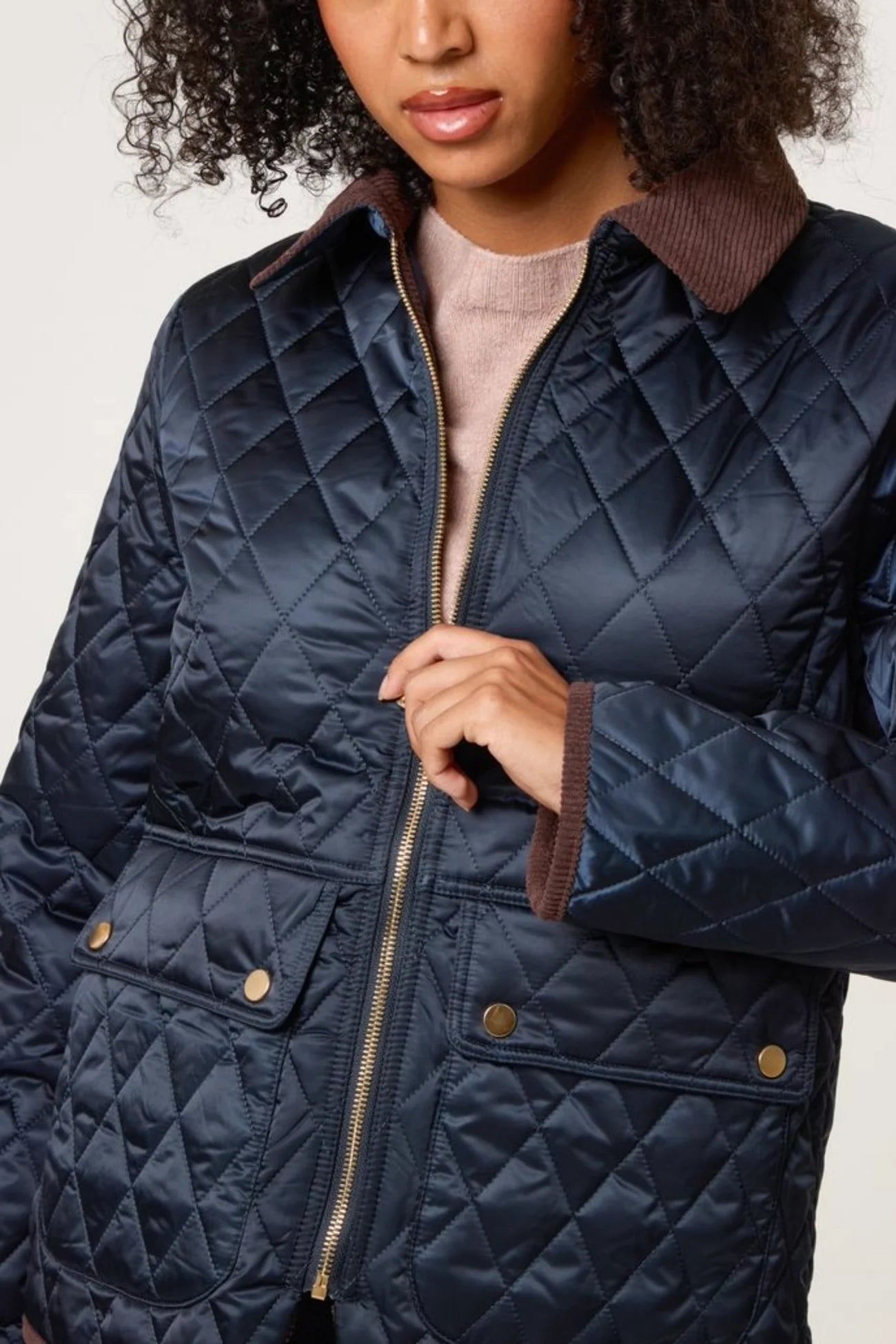 Diamond Quilted Contrast Coat in Navy
