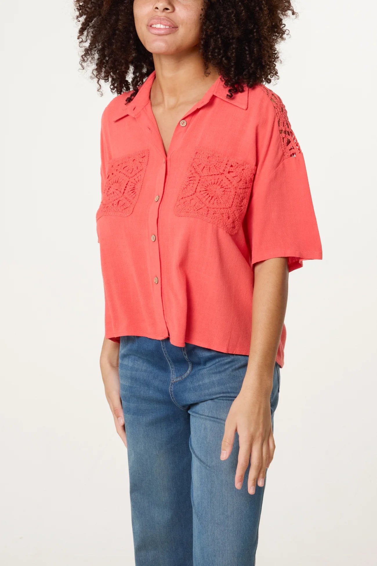 Crochet &amp; Linen Loose Fit Shirt