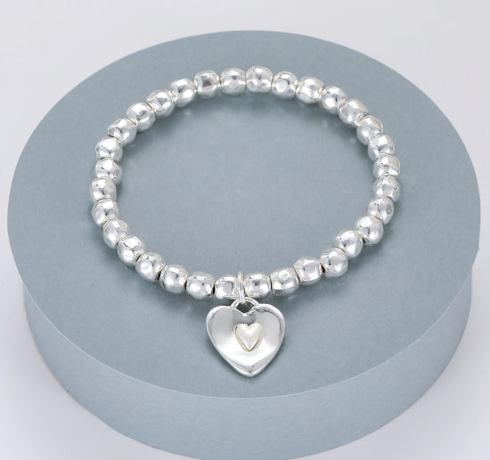 Halo Beaded Silver Beaded Bracelet with Heart Charm