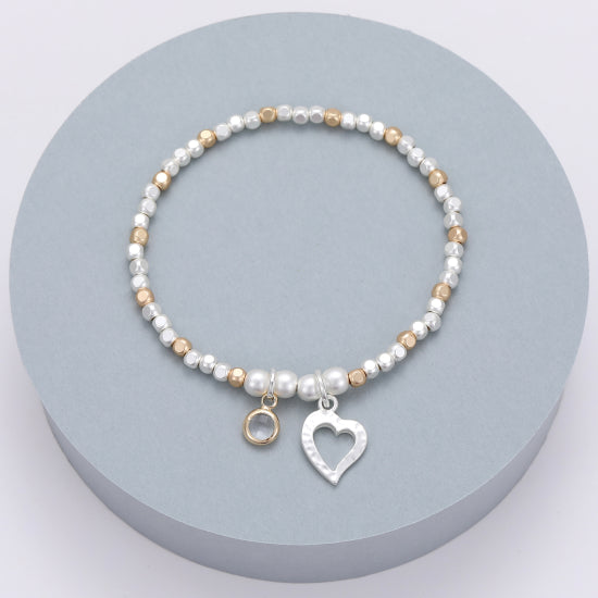 Robin Beaded Bracelet with Heart Charm Silver &amp; Gold