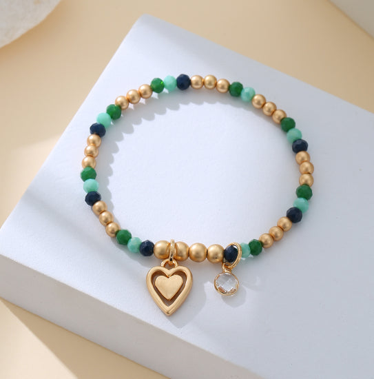 Anna Beaded Green Bracelet with Sparkle and Heart Charm