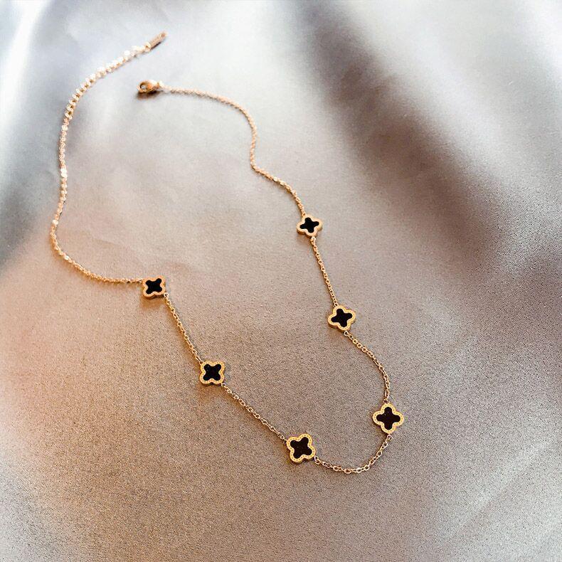 Six Tiny Clover Necklace in Gold with Black