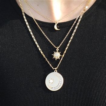 Triple Layer Necklace with Sun, Moon and Star Charms in Gold