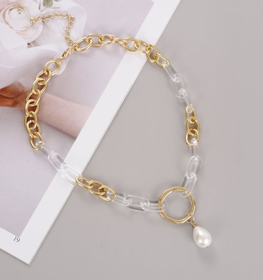 Gold Acrylic and Pearl Chain Necklace
