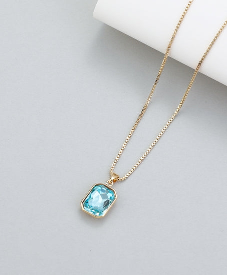 Blue Gem Pendant Necklace on Gold Chain