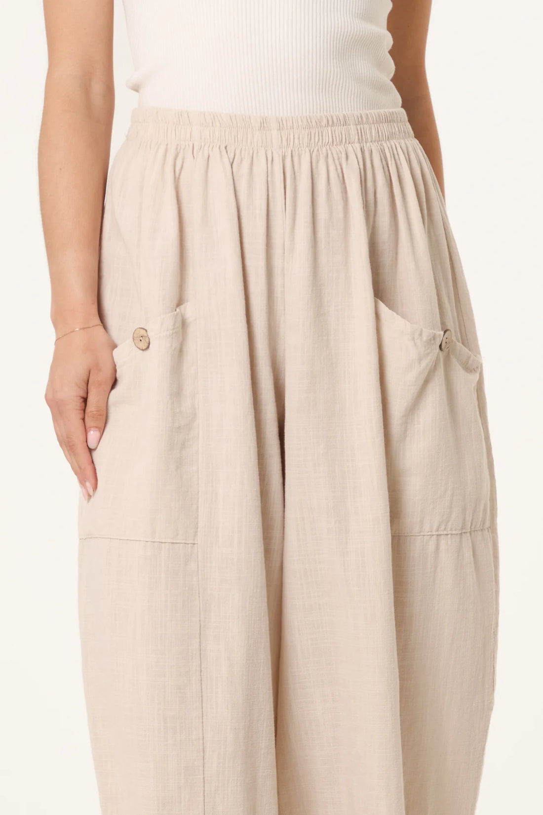 Wide Pocket Front Button Cotton Trouser in Beige