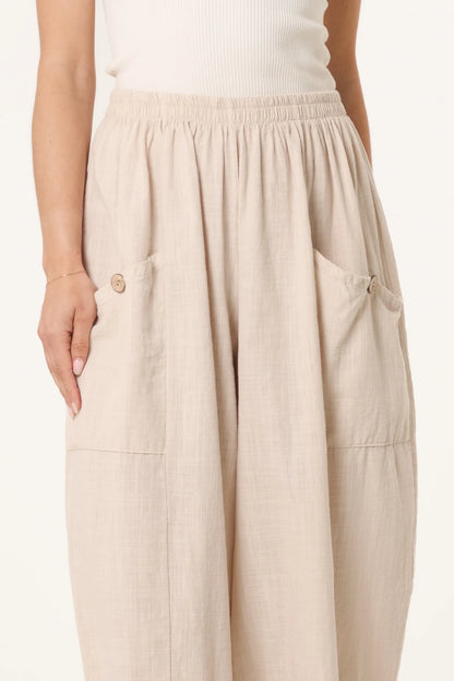Wide Pocket Front Button Cotton Trouser in Beige