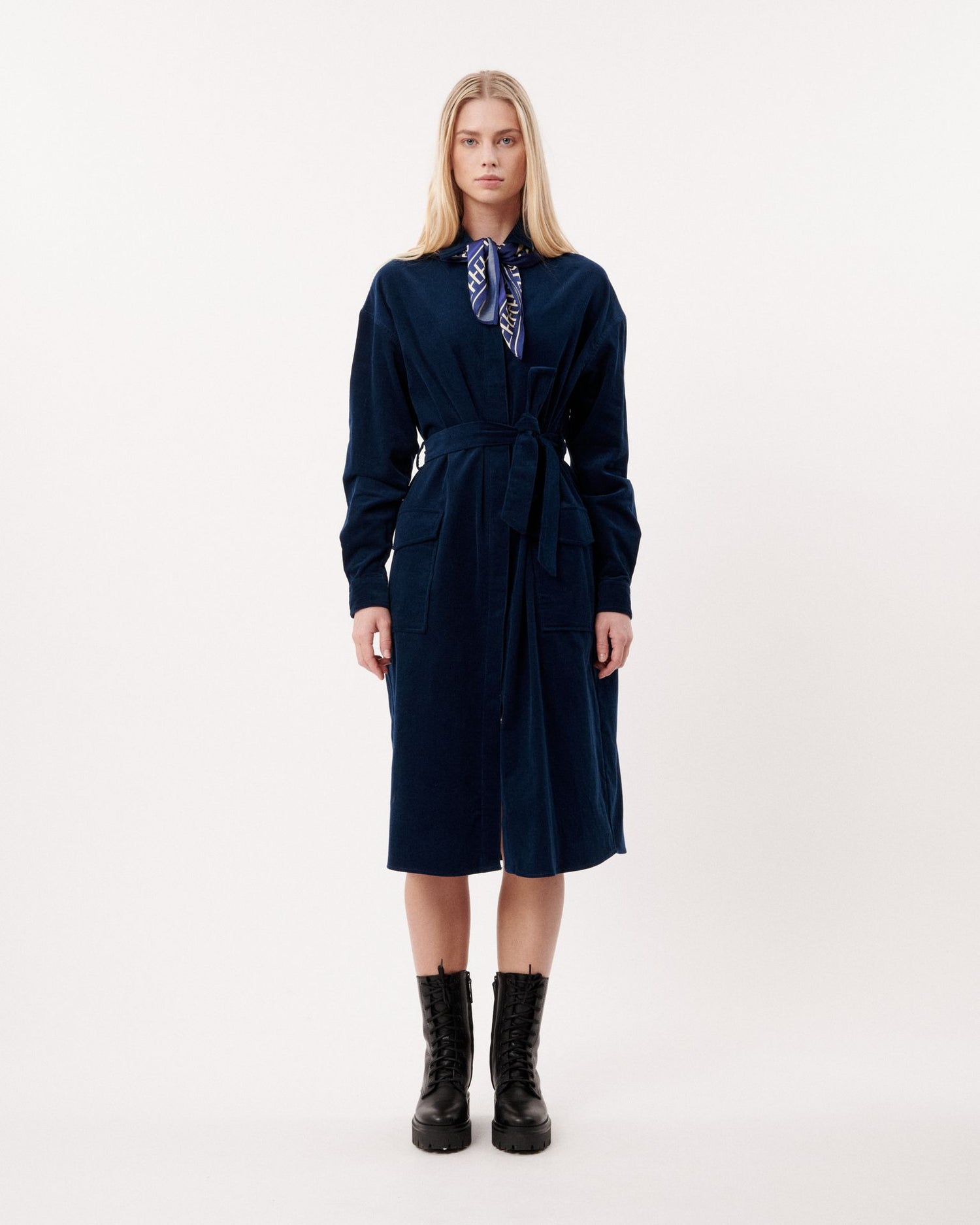 FRNCH Aiko Belted Cord Navy Shirt Dress