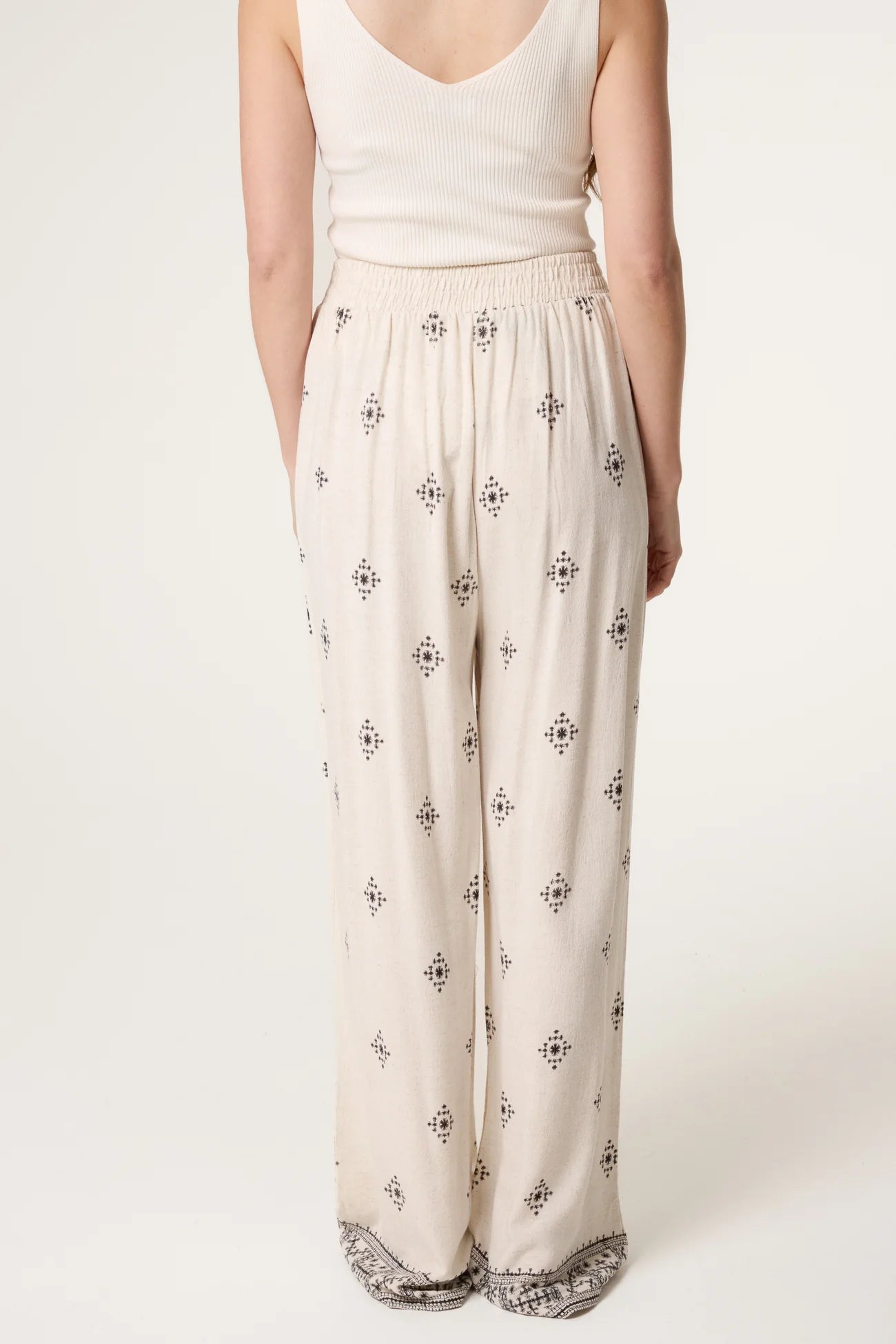 Embroidery Detail Linen Wide Leg Trousers