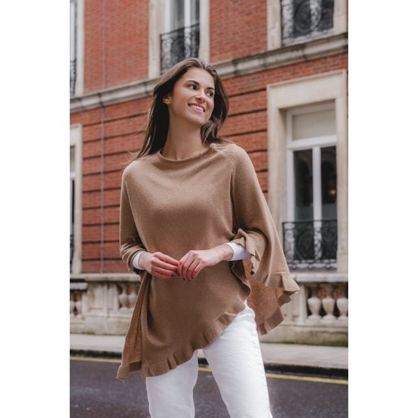 Cashmere Mix Poncho with Frill Detailing in Camel (ONE SIZE)