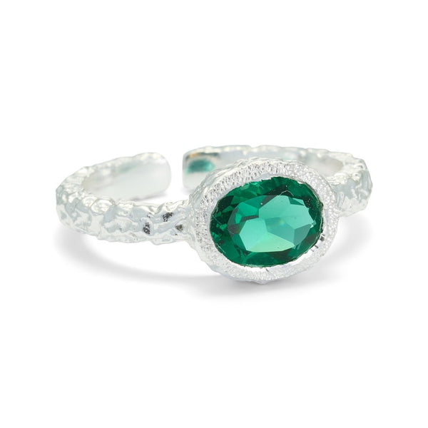 PURE By Nat Silver Foil Adjustable Ring With Green Gemstone