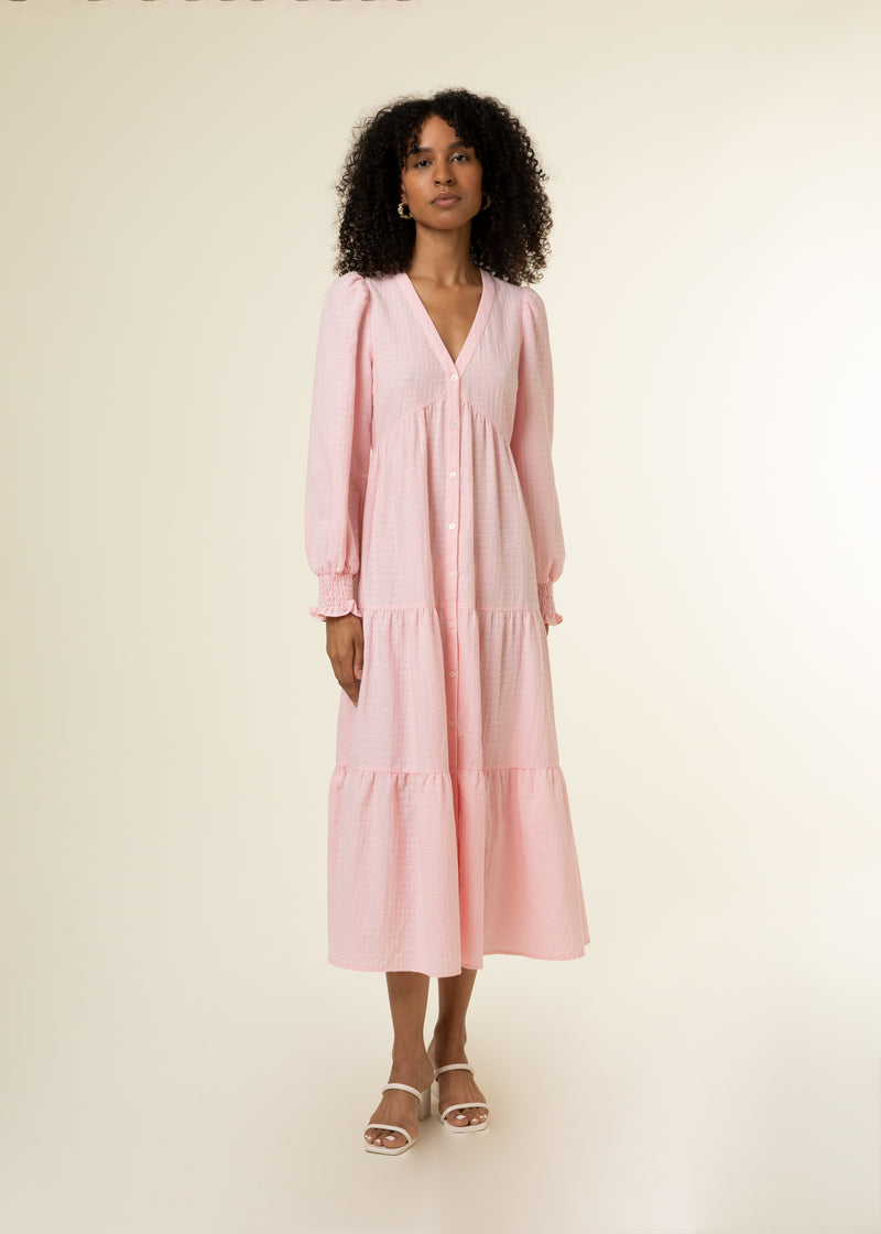 FRNCH Daisy Rose Pink Long Sleeve Midi Dress