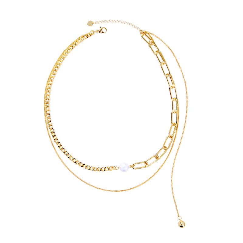 Contrast Twin Chain Pearl Necklace - Gold