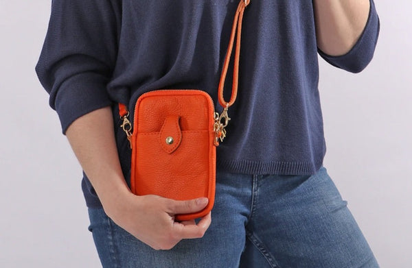 Crossbody Leather Phone Bag in Orange