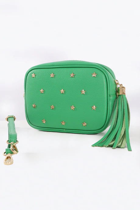 Green Crossbody Leather Bag with Gold Star Studs (Adjustable Leather Strap Also Included